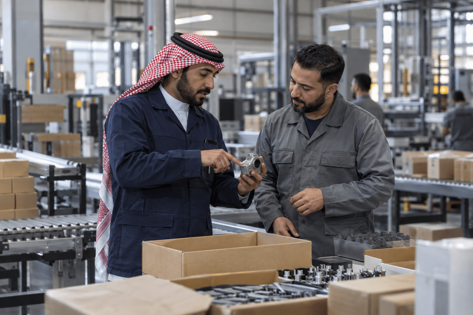 رجلان يراجعان قطعة معاً في مساحة للتوزيع والتغليف